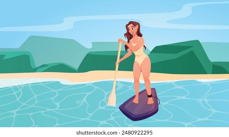 Beautiful young woman in a swimsuit riding a stand-up paddle board on sea coast. Summer water sports activities. Vector cartoon illustration.