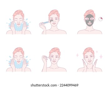 Beautiful young woman take skin care about her face procedure at home, Linear logo minimalist style. Beauty body care concept. Vector design illustration.