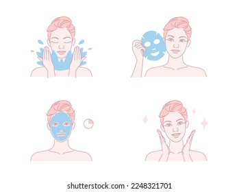Beautiful young woman take skin care about her face and facial sheet mask procedure at home. Beauty face care concept. Vector design illustration.