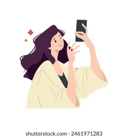 Beautiful young woman takes a selfie, while winking. Girl with phone concept vector illustration isolated on white.
