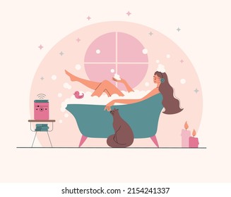 Beautiful young woman taking a relax bath in a wireless headphones listening to an audiobook. Girl listen to a podcast. Concept of online learning of a language lesson. Flat vector illustration. 