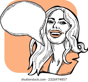 Beautiful young woman talk. Empty speech bubble for sale promotion, text background, quotes. Hand drawn illustration, cartoon comic style vector.