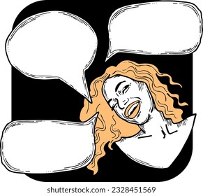 Beautiful young woman talk. Empty speech bubble for sale promotion, text background, quotes. Hand drawn illustration, cartoon comic style vector.
