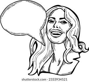 Beautiful young woman talk. Empty speech bubble for sale promotion, text background, quotes. Hand drawn illustration, cartoon comic style vector.