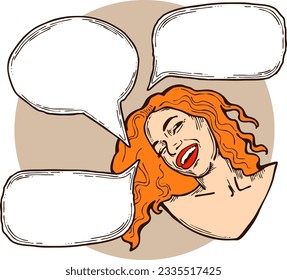 Beautiful young woman talk. Empty speech bubble for sale promotion, text background, quotes. Hand drawn illustration, cartoon comic style vector.