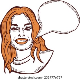 Beautiful young woman talk. Empty speech bubble for sale promotion, text background, quotes. Hand drawn illustration, cartoon comic style vector.