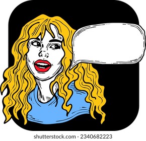 Beautiful young woman talk. Empty speech bubble for sale promotion, text background, quotes. Hand drawn illustration, cartoon comic style vector.
