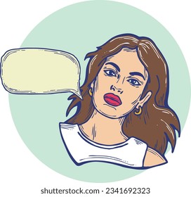 Beautiful young woman talk. Empty speech bubble for sale promotion, text background, quotes. Hand drawn illustration, cartoon comic style vector.