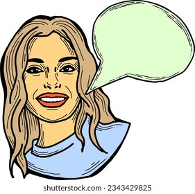 Beautiful young woman talk. Empty speech bubble for sale promotion, text background, quotes. Hand drawn illustration, cartoon comic style vector.