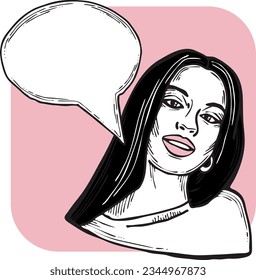 Beautiful young woman talk. Empty speech bubble for sale promotion, text background, quotes. Hand drawn illustration, cartoon comic style vector.