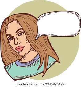 Beautiful young woman talk. Empty speech bubble for sale promotion, text background, quotes. Hand drawn illustration, cartoon comic style vector.