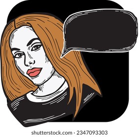 Beautiful young woman talk. Empty speech bubble for sale promotion, text background, quotes. Hand drawn illustration, cartoon comic style vector.