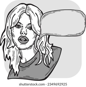 Beautiful young woman talk. Empty speech bubble for sale promotion, text background, quotes. Hand drawn illustration, cartoon comic style vector.