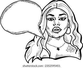 Beautiful young woman talk. Empty speech bubble for sale promotion, text background, quotes. Hand drawn illustration, cartoon comic style vector.