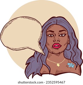 Beautiful young woman talk. Empty speech bubble for sale promotion, text background, quotes. Hand drawn illustration, cartoon comic style vector.