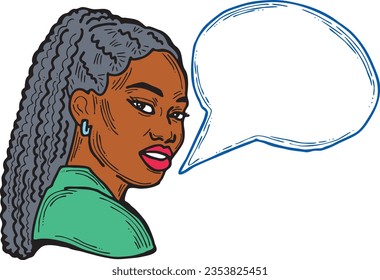 Beautiful young woman talk. Empty speech bubble for sale promotion, text background, quotes. Hand drawn illustration, cartoon comic style vector.