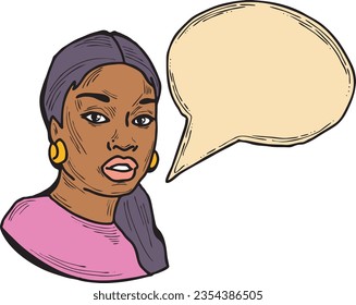 Beautiful young woman talk. Empty speech bubble for sale promotion, text background, quotes. Hand drawn illustration, cartoon comic style vector.