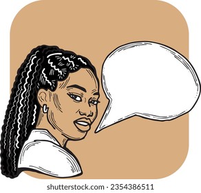Beautiful young woman talk. Empty speech bubble for sale promotion, text background, quotes. Hand drawn illustration, cartoon comic style vector.