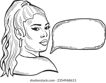 Beautiful young woman talk. Empty speech bubble for sale promotion, text background, quotes. Hand drawn illustration, cartoon comic style vector.