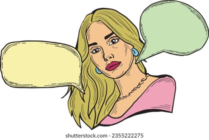 Beautiful young woman talk. Empty speech bubble for sale promotion, text background, quotes. Hand drawn illustration, cartoon comic style vector.