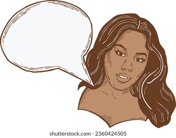 Beautiful young woman talk. Empty speech bubble for sale promotion, text background, quotes. Hand drawn illustration, cartoon comic style vector.