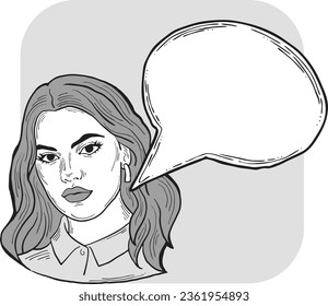 Beautiful young woman talk. Empty speech bubble for sale promotion, text background, quotes. Hand drawn illustration, cartoon comic style vector.