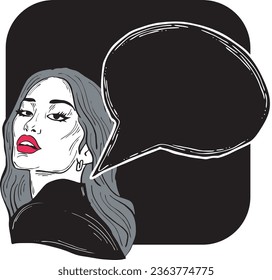 Beautiful young woman talk. Empty speech bubble for sale promotion, text background, quotes. Hand drawn illustration, cartoon comic style vector.