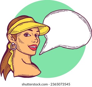 Beautiful young woman talk. Empty speech bubble for sale promotion, text background, quotes. Hand drawn illustration, cartoon comic style vector.