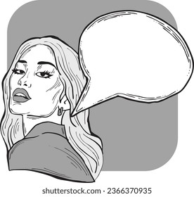 Beautiful young woman talk. Empty speech bubble for sale promotion, text background, quotes. Hand drawn illustration, cartoon comic style vector.