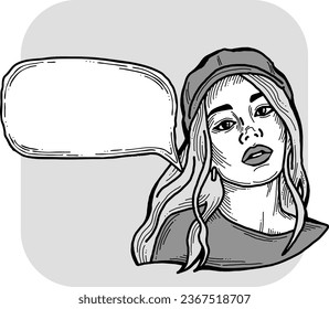 Beautiful young woman talk. Empty speech bubble for sale promotion, text background, quotes. Hand drawn illustration, cartoon comic style vector.