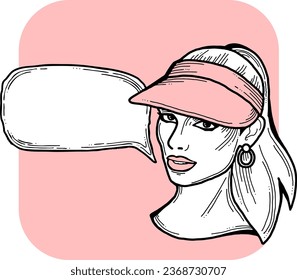 Beautiful young woman talk. Empty speech bubble for sale promotion, text background, quotes. Hand drawn illustration, cartoon comic style vector.