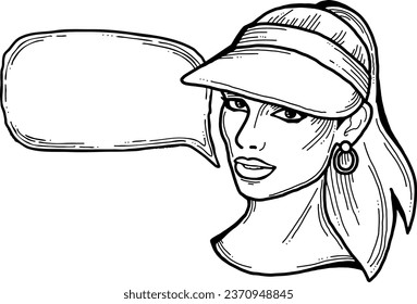 Beautiful young woman talk. Empty speech bubble for sale promotion, text background, quotes. Hand drawn illustration, cartoon comic style vector.