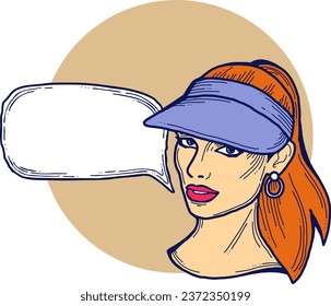 Beautiful young woman talk. Empty speech bubble for sale promotion, text background, quotes. Hand drawn illustration, cartoon comic style vector.