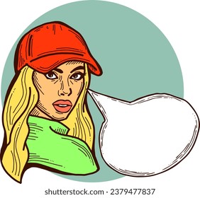 Beautiful young woman talk. Empty speech bubble for sale promotion, text background, quotes. Hand drawn illustration, cartoon comic style vector.