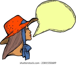 Beautiful young woman talk. Empty speech bubble for sale promotion, text background, quotes. Hand drawn illustration, cartoon comic style vector.