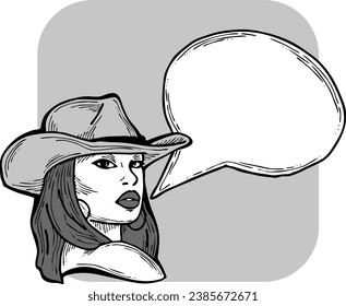 Beautiful young woman talk. Empty speech bubble for sale promotion, text background, quotes. Hand drawn illustration, cartoon comic style vector.