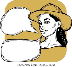 Beautiful young woman talk. Empty speech bubble for sale promotion, text background, quotes. Hand drawn illustration, cartoon comic style vector.