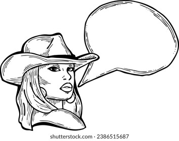 Beautiful young woman talk. Empty speech bubble for sale promotion, text background, quotes. Hand drawn illustration, cartoon comic style vector.