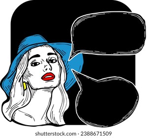 Beautiful young woman talk. Empty speech bubble for sale promotion, text background, quotes. Hand drawn illustration, cartoon comic style vector.