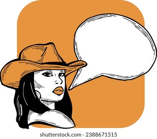 Beautiful young woman talk. Empty speech bubble for sale promotion, text background, quotes. Hand drawn illustration, cartoon comic style vector.