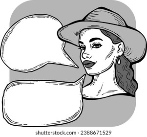 Beautiful young woman talk. Empty speech bubble for sale promotion, text background, quotes. Hand drawn illustration, cartoon comic style vector.