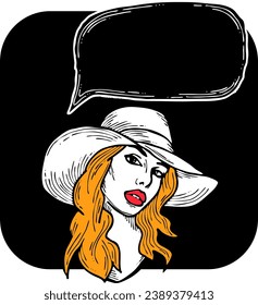 Beautiful young woman talk. Empty speech bubble for sale promotion, text background, quotes. Hand drawn illustration, cartoon comic style vector.