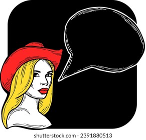 Beautiful young woman talk. Empty speech bubble for sale promotion, text background, quotes. Hand drawn illustration, cartoon comic style.