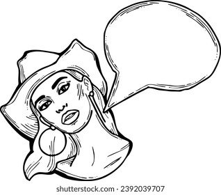 Beautiful young woman talk. Empty speech bubble for sale promotion, text background, quotes. Hand drawn illustration, cartoon comic style.