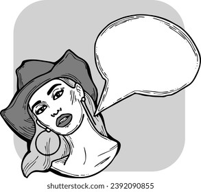 Beautiful young woman talk. Empty speech bubble for sale promotion, text background, quotes. Hand drawn illustration, cartoon comic style.