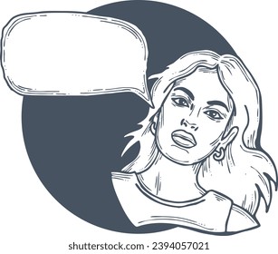 Beautiful young woman talk. Empty speech bubble for sale promotion, text background, quotes. Hand drawn illustration, cartoon comic style vector.