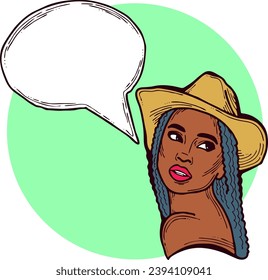 Beautiful young woman talk. Empty speech bubble for sale promotion, text background, quotes. Hand drawn illustration, cartoon comic style vector.