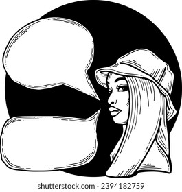 Beautiful young woman talk. Empty speech bubble for sale promotion, text background, quotes. Hand drawn illustration, cartoon comic style vector.