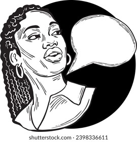 Beautiful young woman talk. Empty speech bubble for sale promotion, text background, quotes. Hand drawn illustration, cartoon comic style vector.