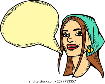 Beautiful young woman talk. Empty speech bubble for sale promotion, text background, quotes. Hand drawn illustration, cartoon comic style vector.